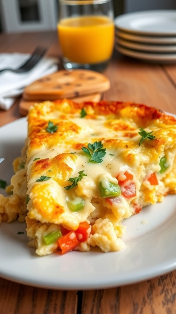 A slice of baked casserole omelette with bell peppers and cheese on a plate, garnished with herbs.